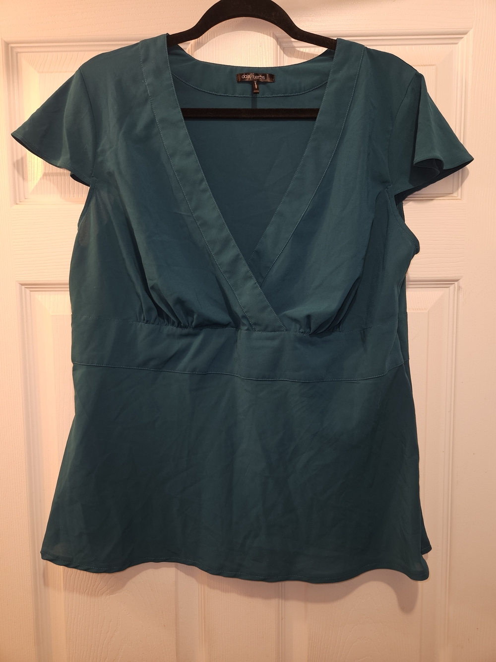 Daisy Fuentes Teal V-Neck Flutter Sleeve Blouse
